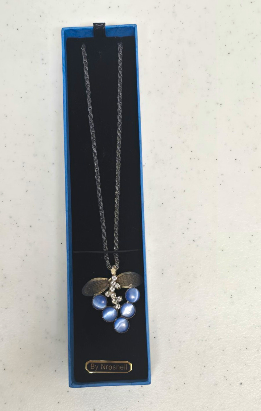 Vintage By Nroshell Blue Cat's Eye Glass Grape Cluster Pendant Necklace with Box